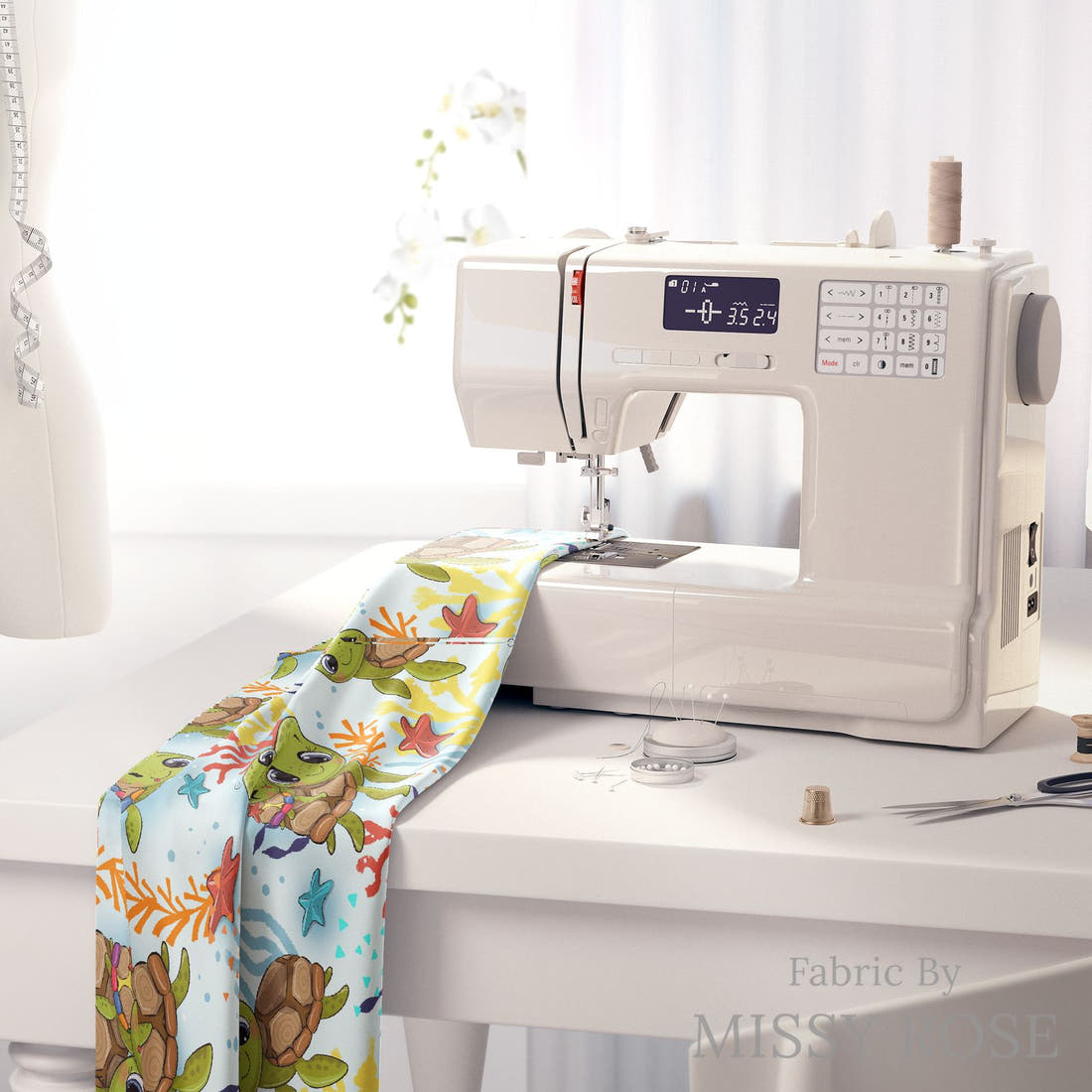 Design 541 Turtle Fabric on a sewing machine – premium fabric for sewing projects | Fabric by Missy Rose