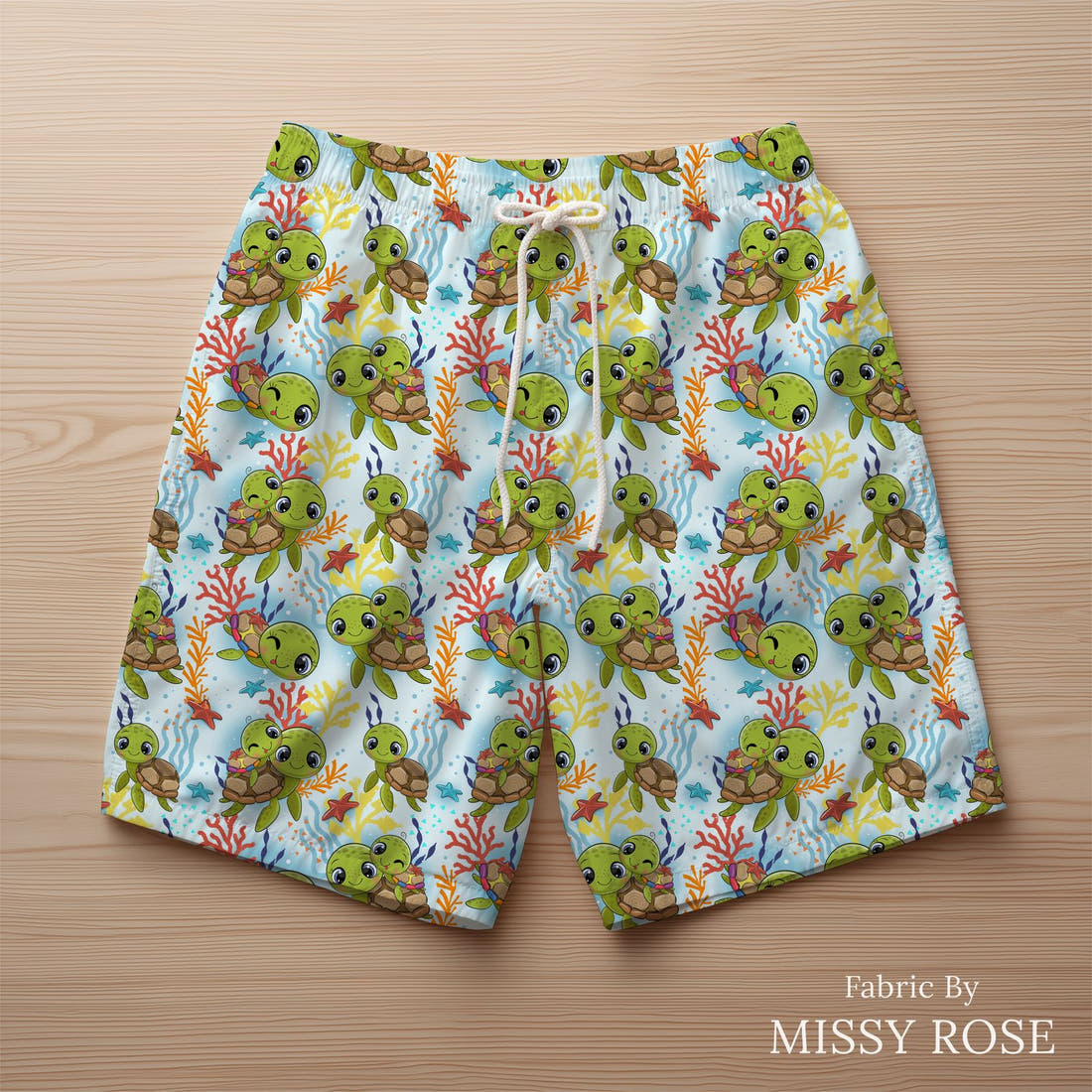 Design 541 Turtle Fabric sewn into swim shorts – see how the print looks made up | Fabric by Missy Rose