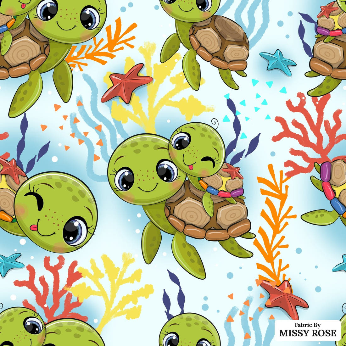 Design 541 Turtle Fabric - flat view of the print, zoom in for detail | Fabric by Missy Rose
