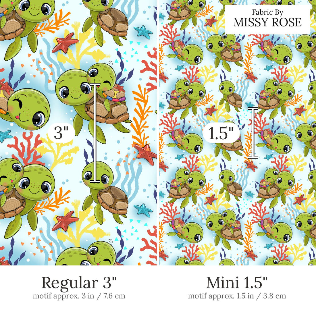Design 541 Turtle Fabric Regular 3 inch vs Mini 1.5 inch print scale side by side | Fabric by Missy Rose