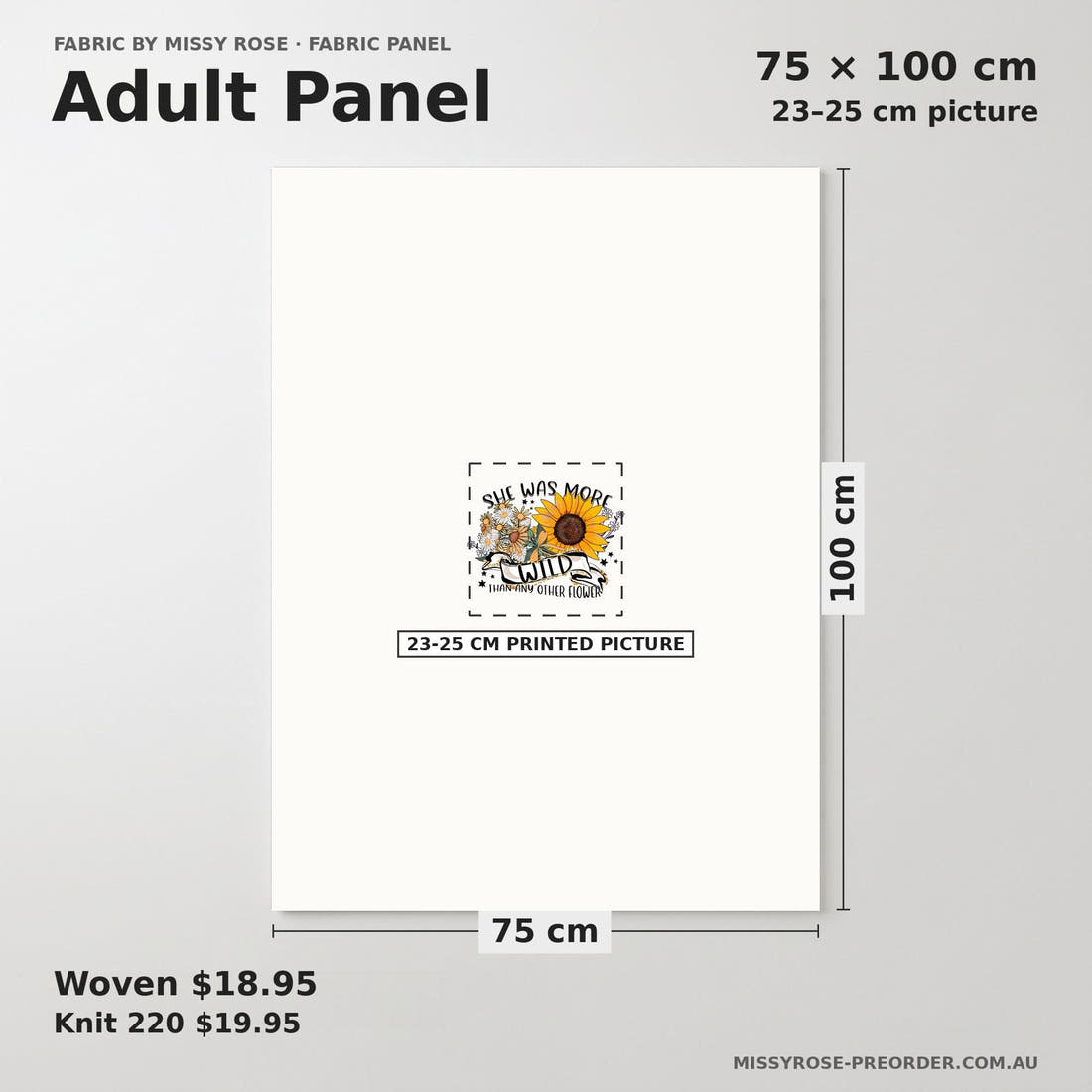 Design 542 Wildflower Panel adult panel sizing – 23–25 cm printed picture on 75 × 100 cm fabric | Fabric by Missy Rose