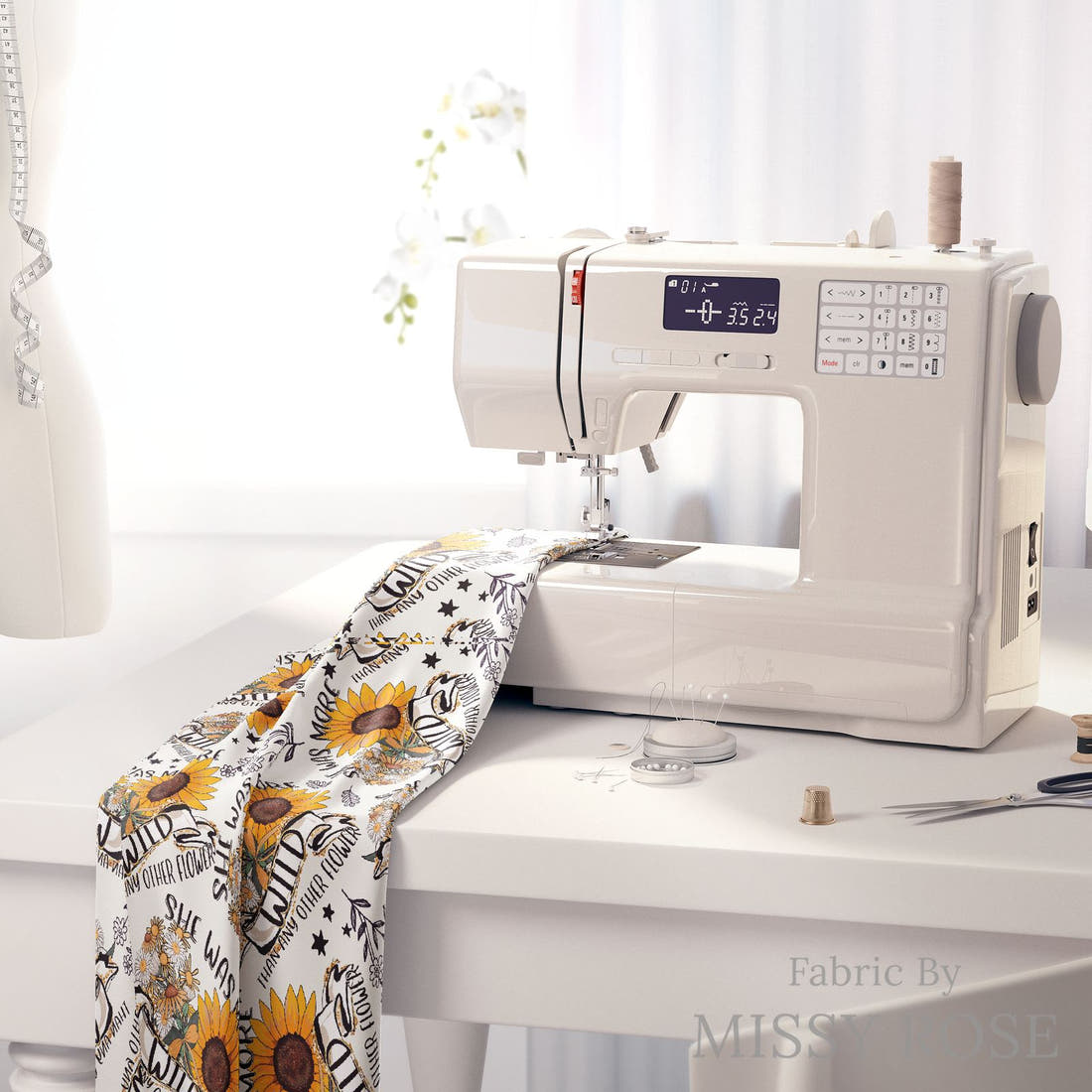 Design 542 Wildflower Fabric on a sewing machine – premium fabric for sewing projects | Fabric by Missy Rose