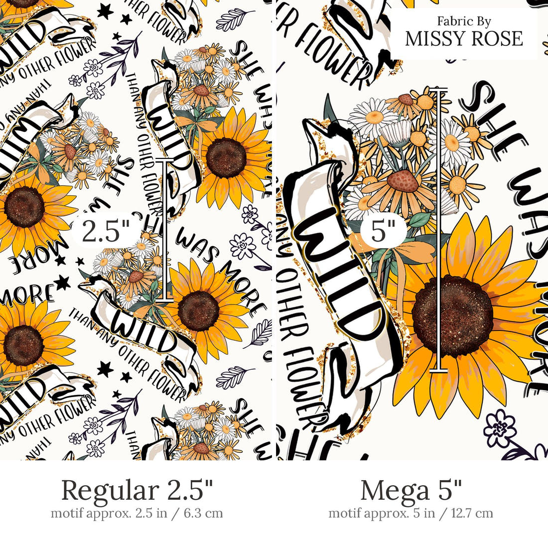 Design 542 Wildflower Fabric Regular 2.5 inch vs Mega 5 inch print scale side by side | Fabric by Missy Rose