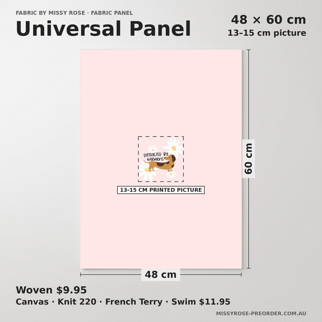 Design 543 Wiener Panel universal panel sizing – 13–15 cm printed picture on 48 × 60 cm fabric | Fabric by Missy Rose