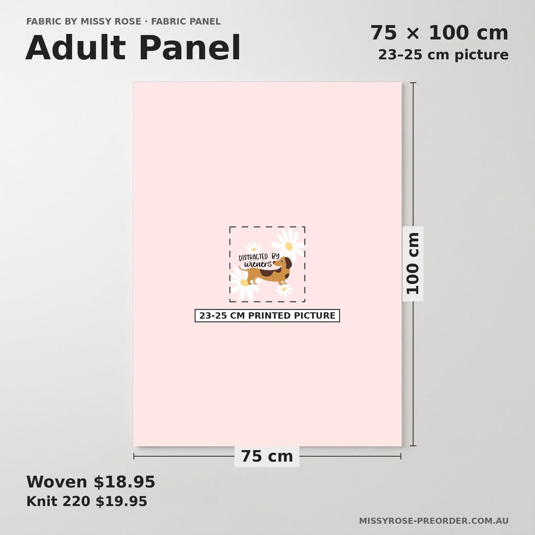 Design 543 Wiener Panel adult panel sizing – 23–25 cm printed picture on 75 × 100 cm fabric | Fabric by Missy Rose
