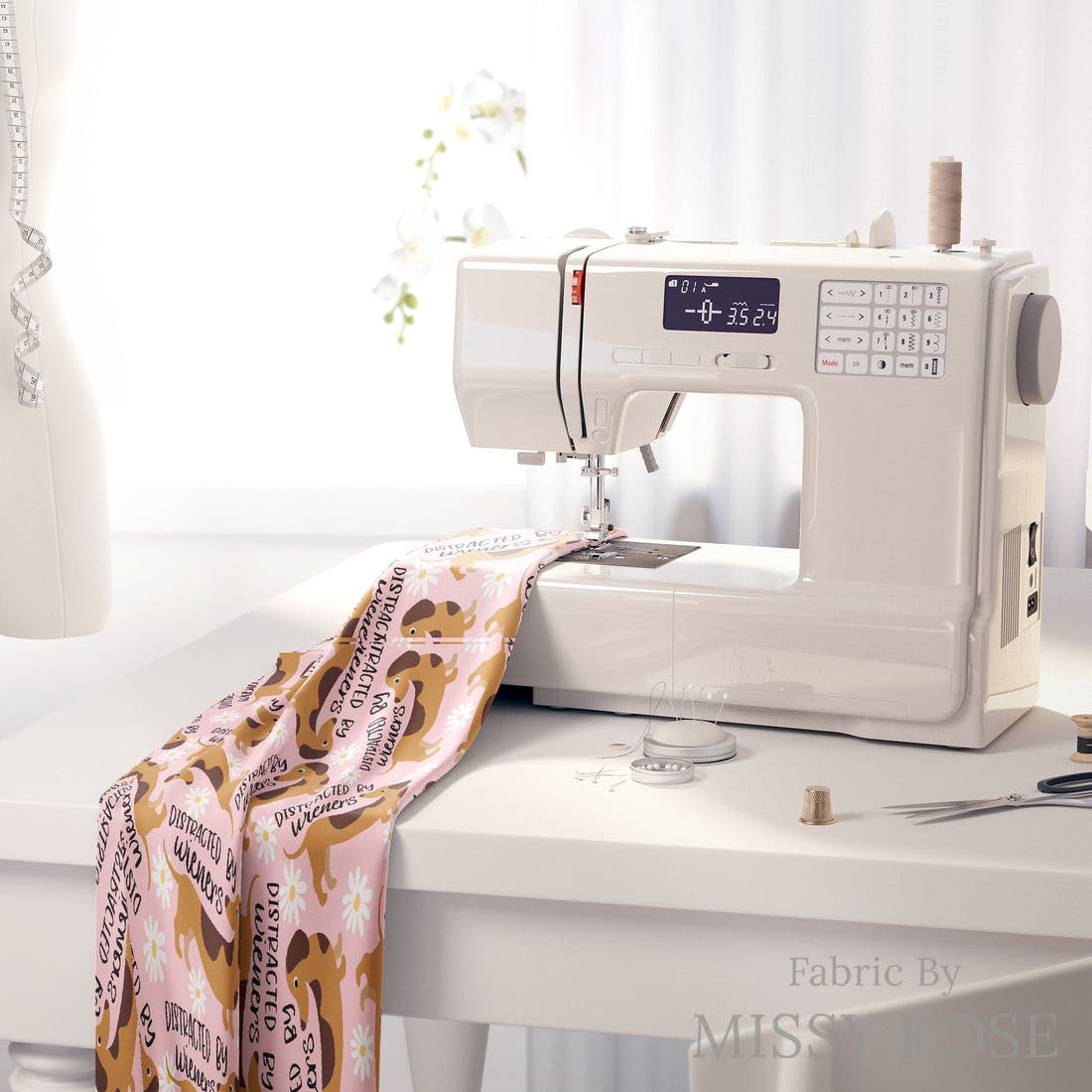 Design 543 Wiener Fabric on a sewing machine – premium fabric for sewing projects | Fabric by Missy Rose