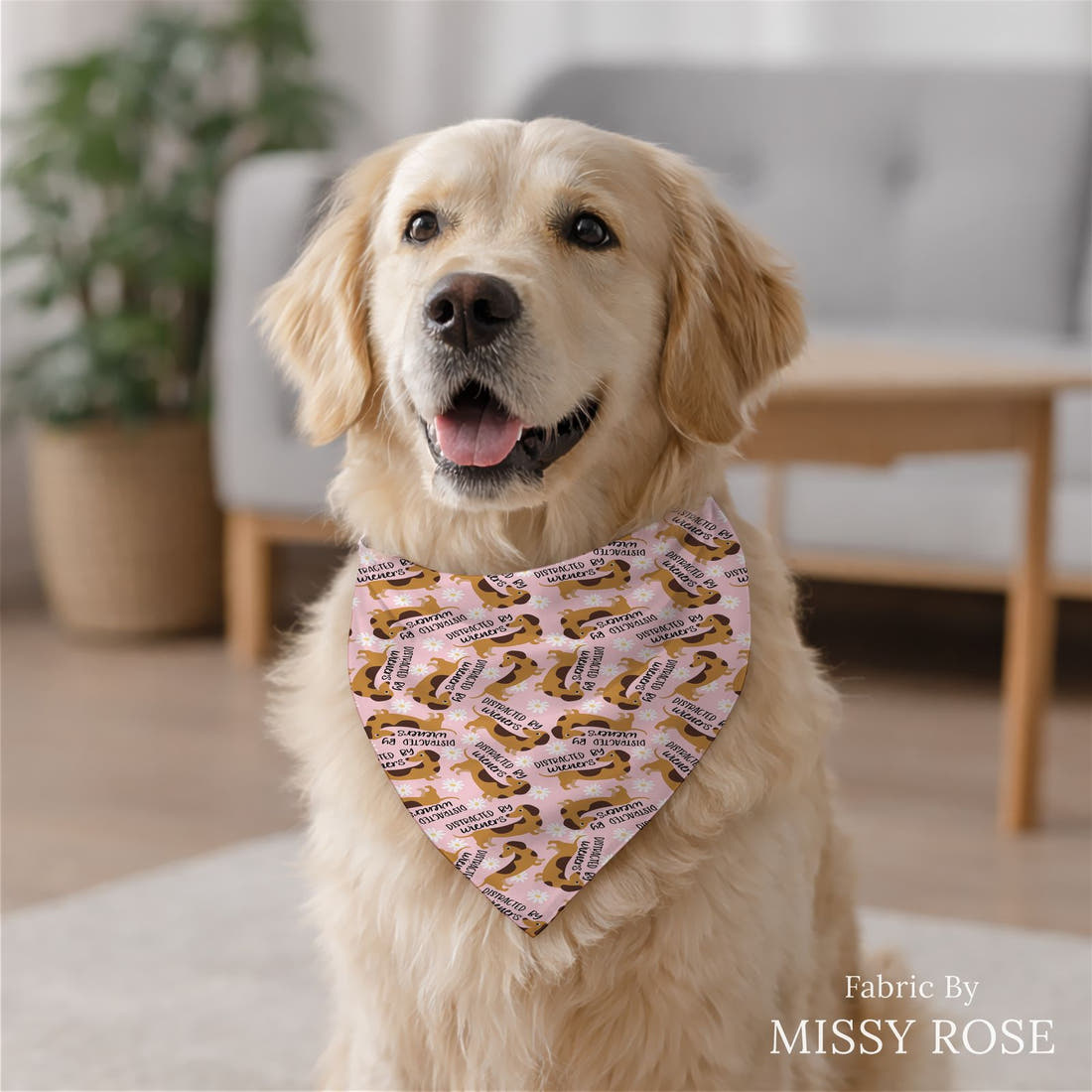 Design 543 Wiener Fabric sewn into a dog bandana – see how the print looks made up | Fabric by Missy Rose