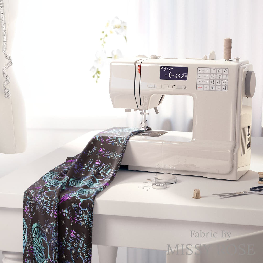 Design 544 Wings Fabric on a sewing machine – premium fabric for sewing projects | Fabric by Missy Rose