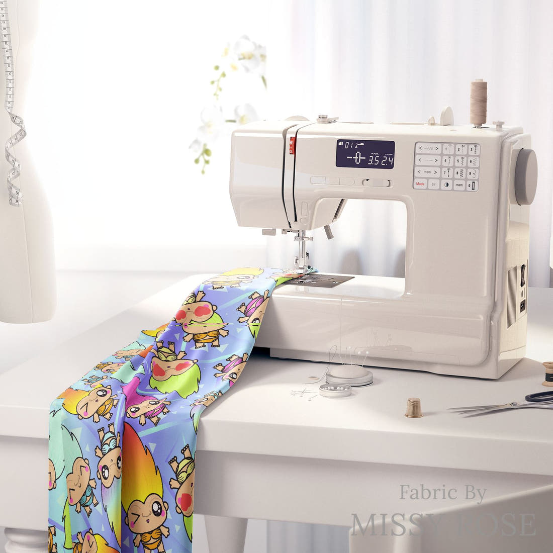 Design 545 Trolls Fabric on a sewing machine – premium fabric for sewing projects | Fabric by Missy Rose