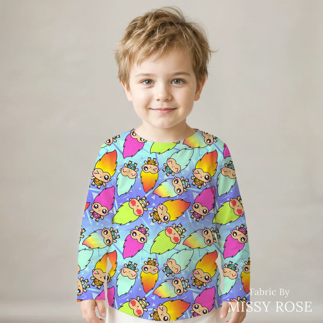 Design 545 Trolls Fabric sewn into a kids' long sleeve top – see how the print looks made up | Fabric by Missy Rose