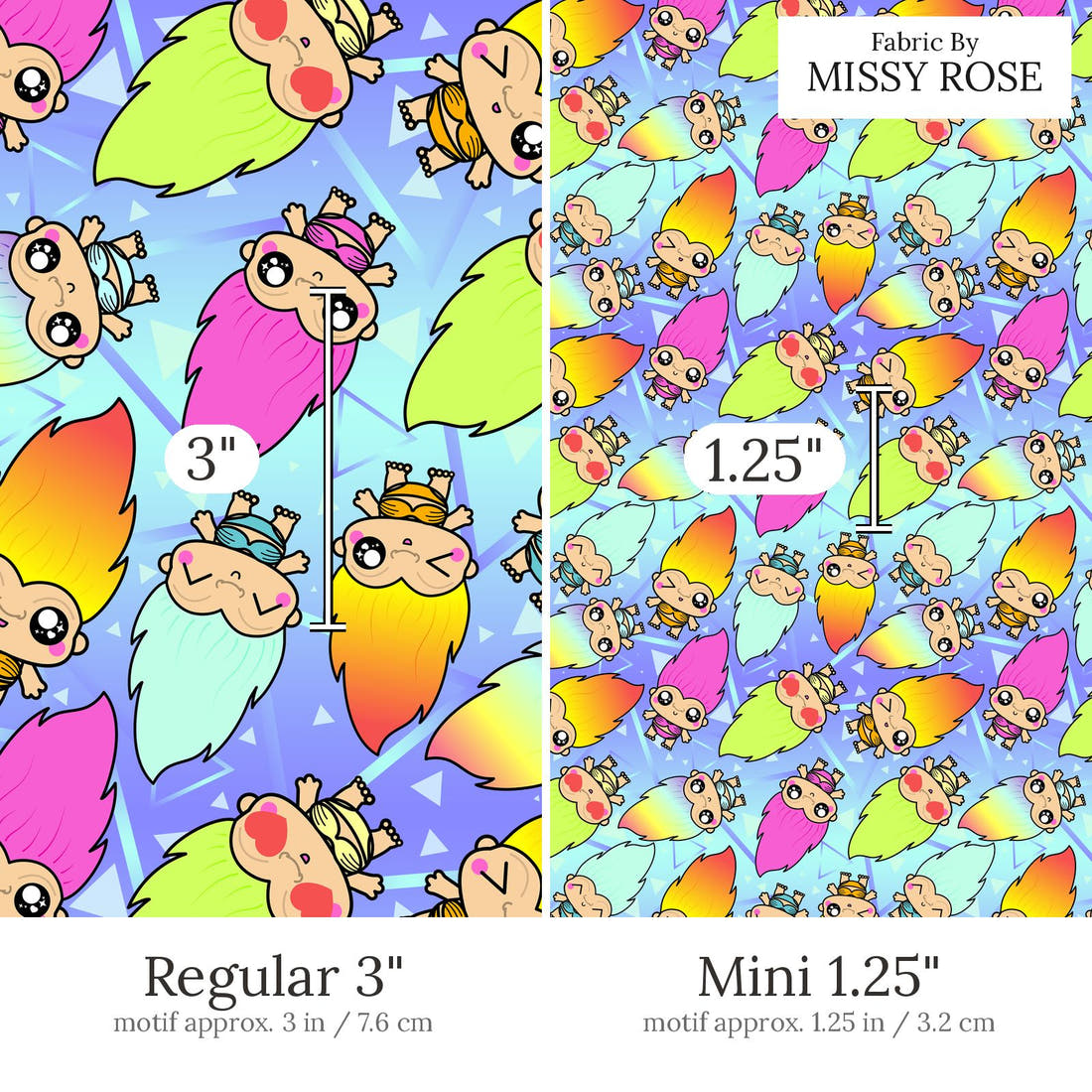 Design 545 Trolls Fabric Regular 3 inch vs Mini 1.25 inch print scale side by side | Fabric by Missy Rose