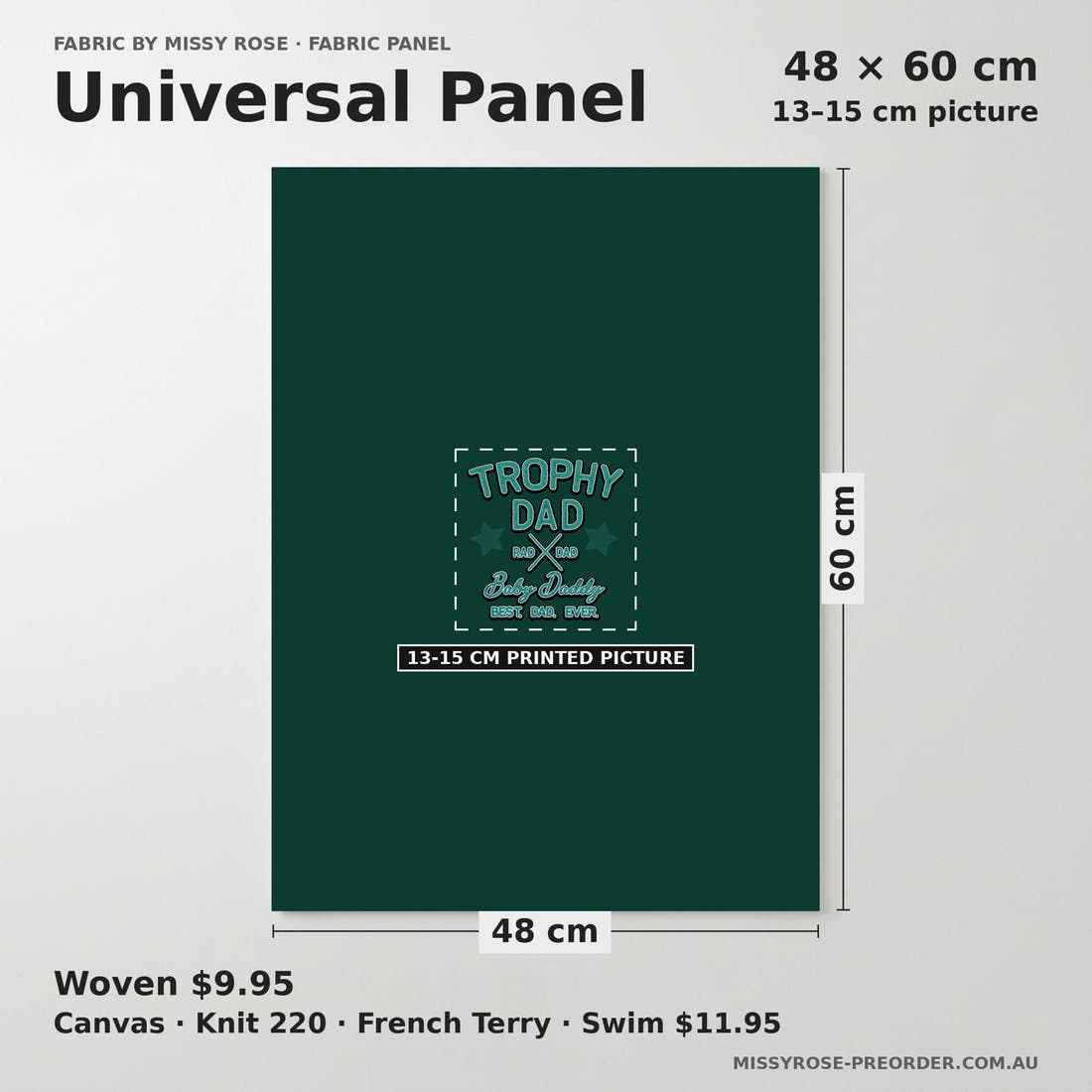 Design 546 Trophy Dad Panel universal panel sizing – 13–15 cm printed picture on 48 × 60 cm fabric | Fabric by Missy Rose