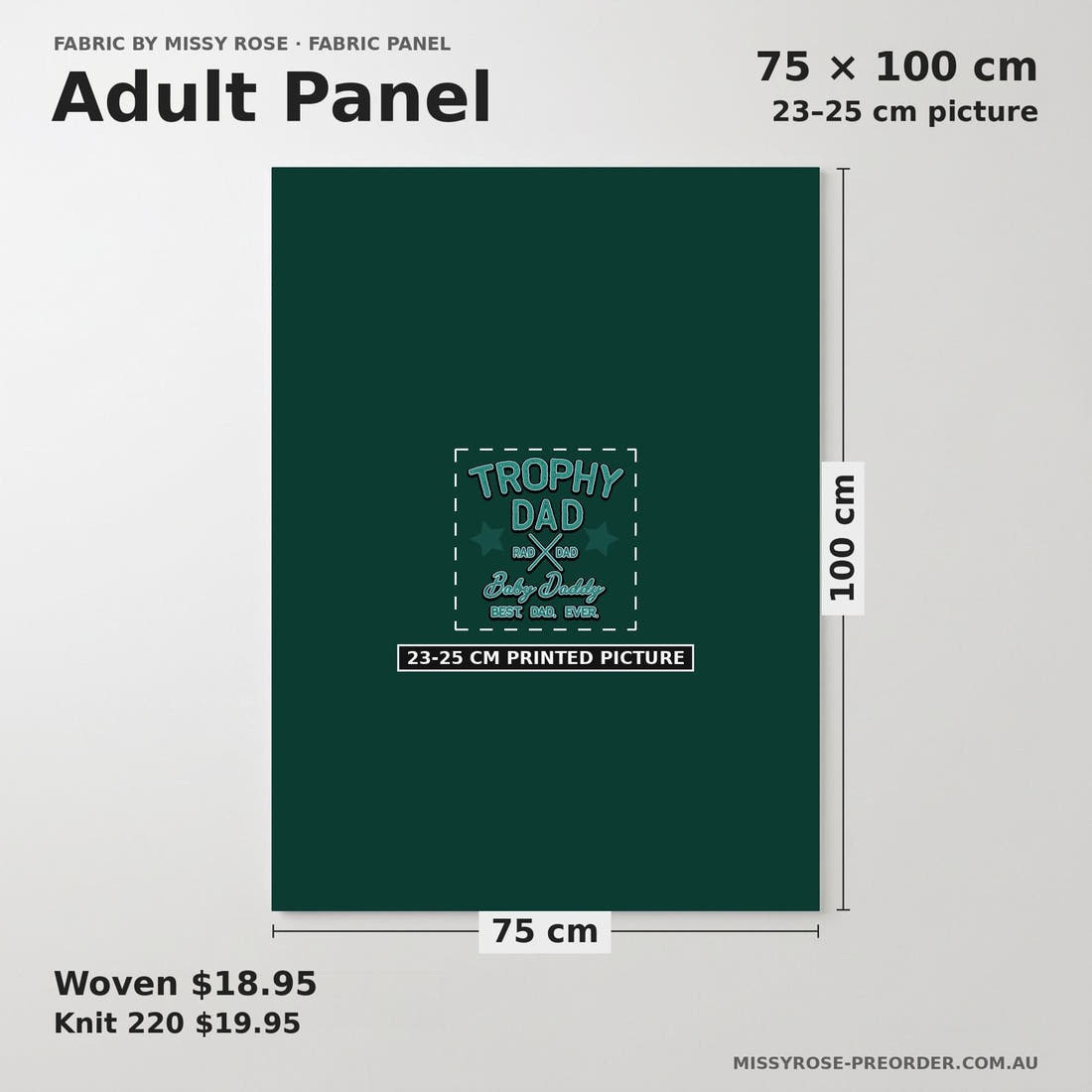 Design 546 Trophy Dad Panel adult panel sizing – 23–25 cm printed picture on 75 × 100 cm fabric | Fabric by Missy Rose