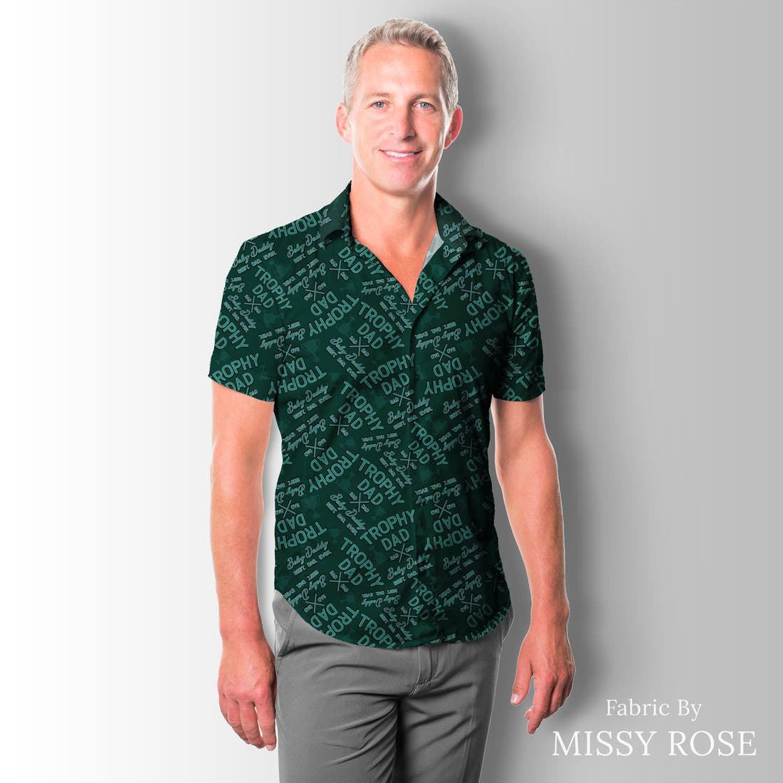 Design 546 Trophy Dad Fabric sewn into a men's shirt – see how the print looks made up | Fabric by Missy Rose