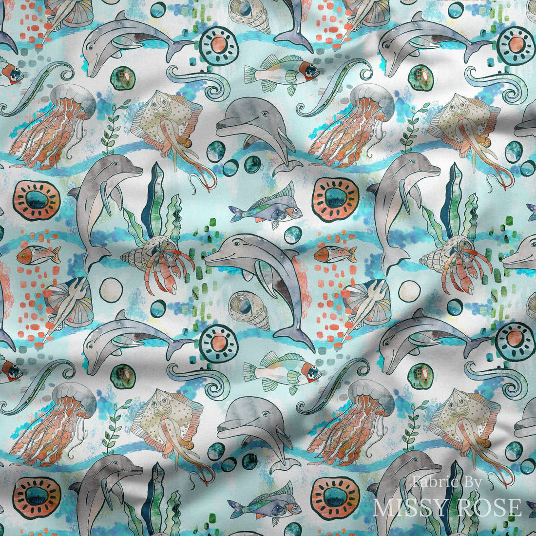 Design 547 Dolphin Fabric draped fabric mockup – custom printed fabric by the metre | Fabric by Missy Rose