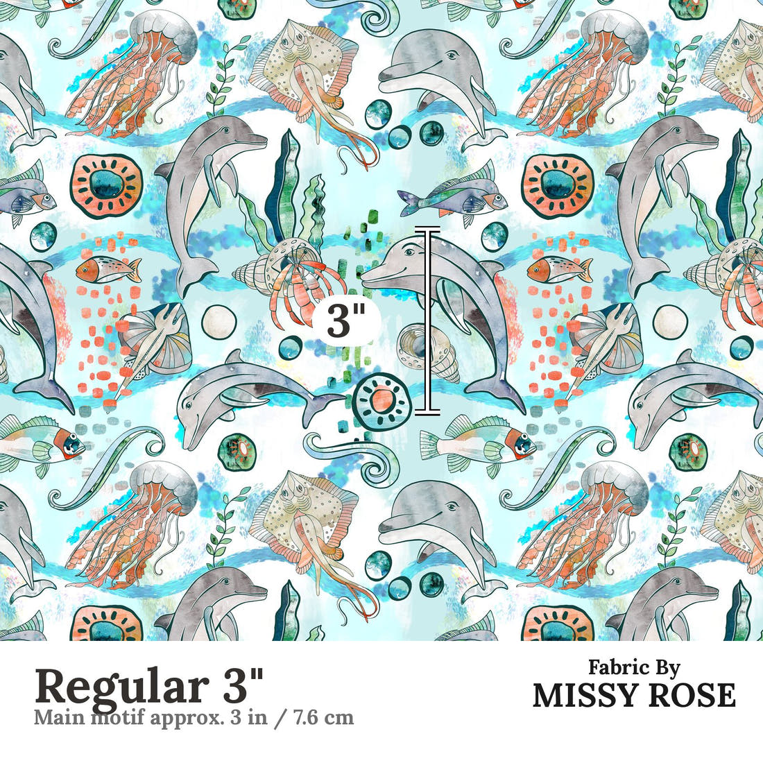 Design 547 Dolphin Fabric Regular 3" - print scale | Fabric by Missy Rose