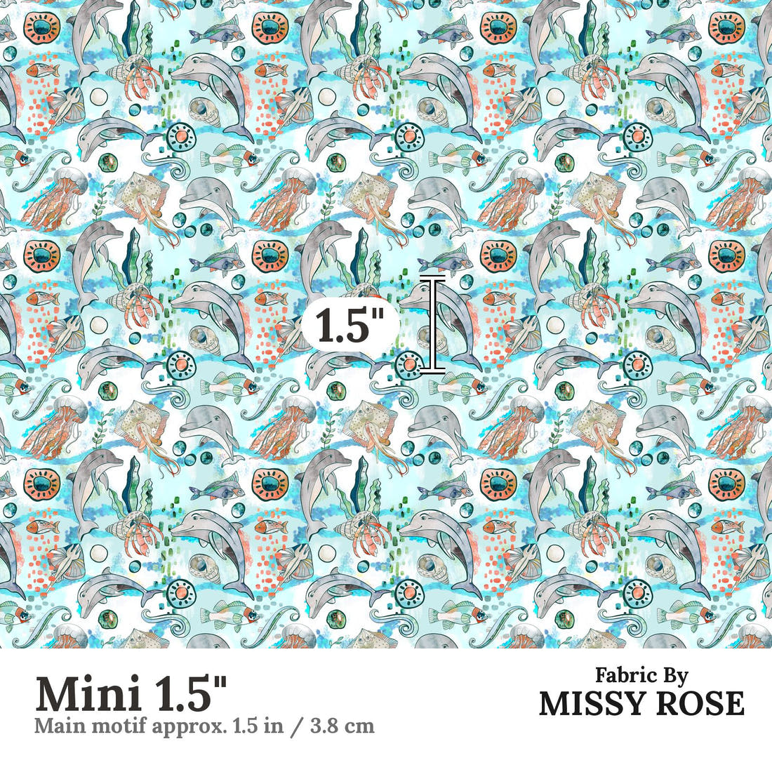 Design 547 Dolphin Fabric Mini 1.5" - print scale | Fabric by Missy Rose