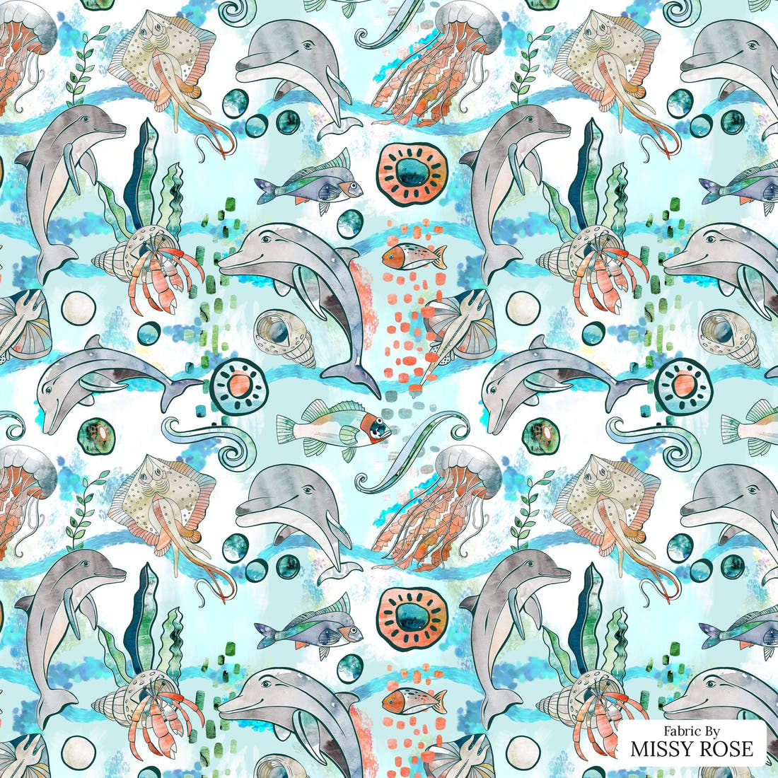 Design 547 Dolphin Fabric - flat view of the print, zoom in for detail | Fabric by Missy Rose