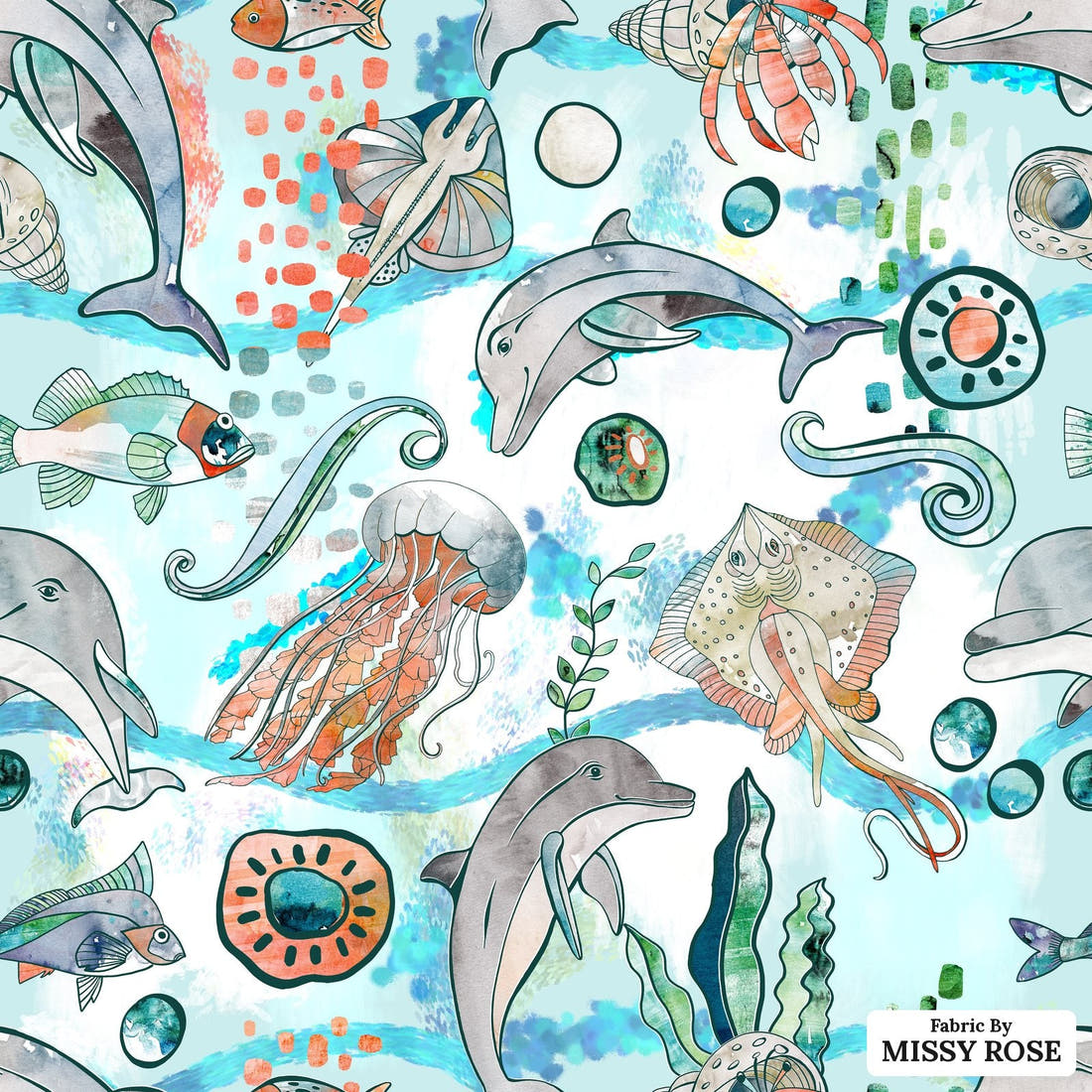 Design 547 Dolphin Fabric - flat view of the print, zoom in for detail | Fabric by Missy Rose