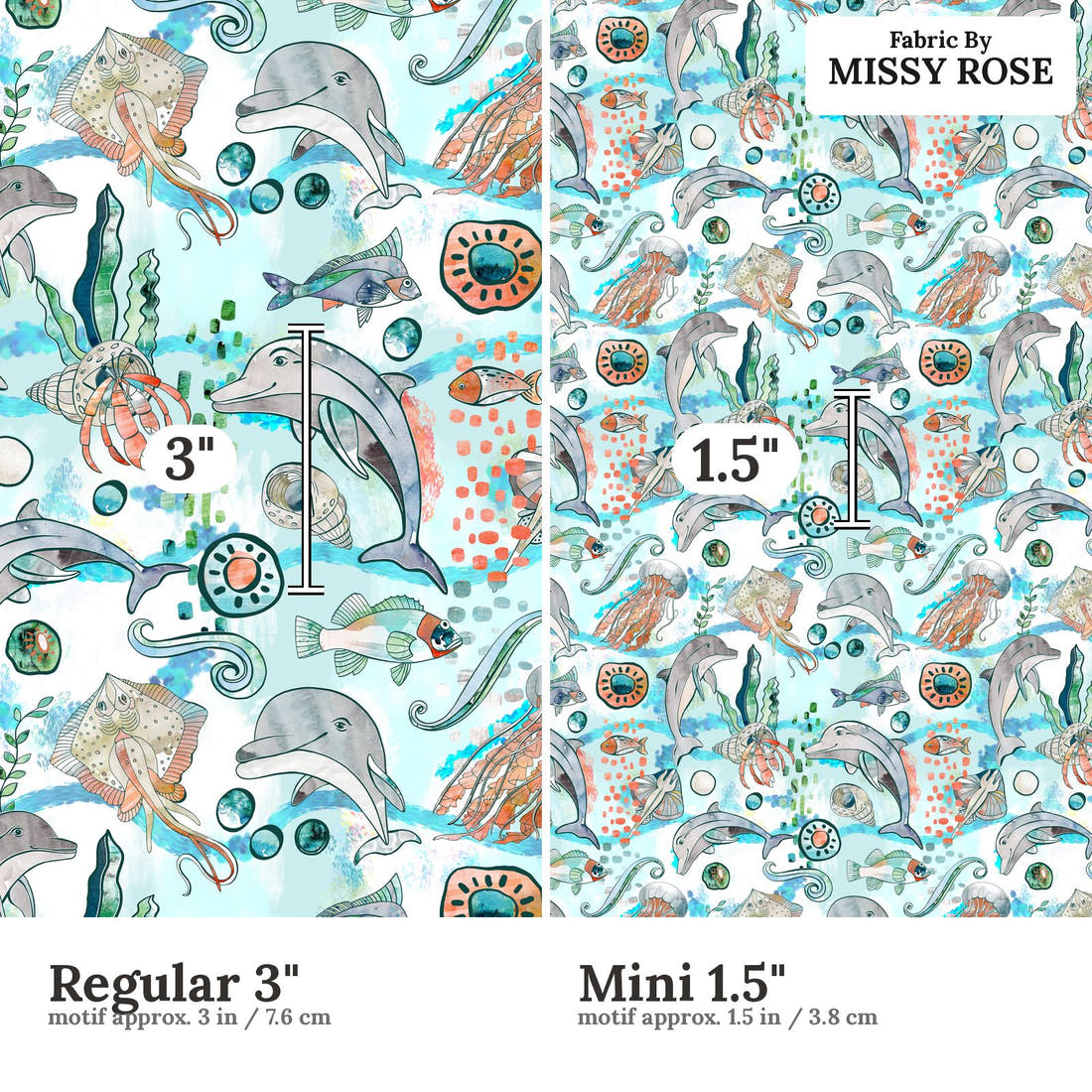 Design 547 Dolphin Fabric size comparison - print scale | Fabric by Missy Rose