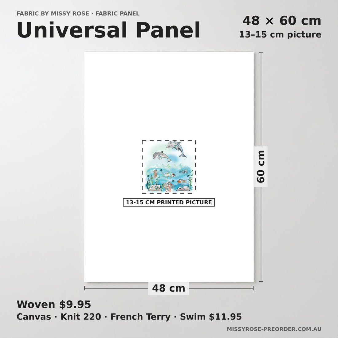 Design 547 Dolphin Panel universal panel sizing – 13–15 cm printed picture on 48 × 60 cm fabric | Fabric by Missy Rose