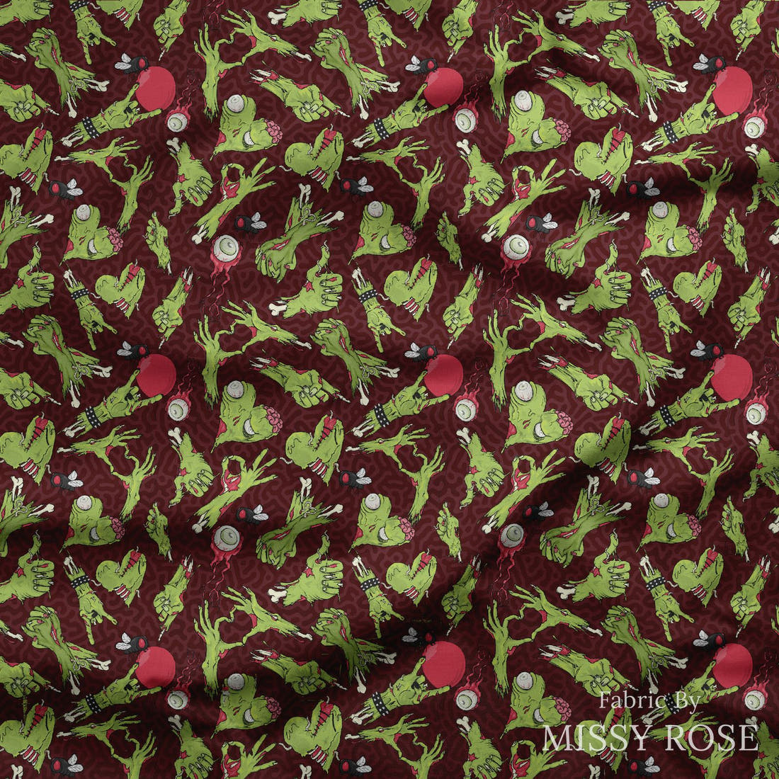 Design 548 Red Zombie Fabric draped fabric mockup – custom printed fabric by the metre | Fabric by Missy Rose