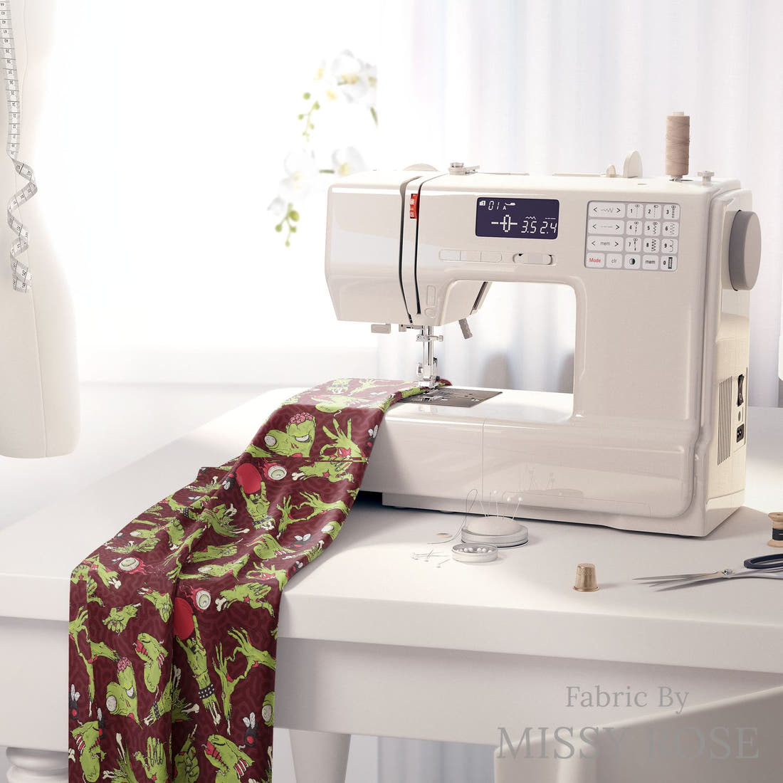 Design 548 Red Zombie Fabric on a sewing machine – premium fabric for sewing projects | Fabric by Missy Rose