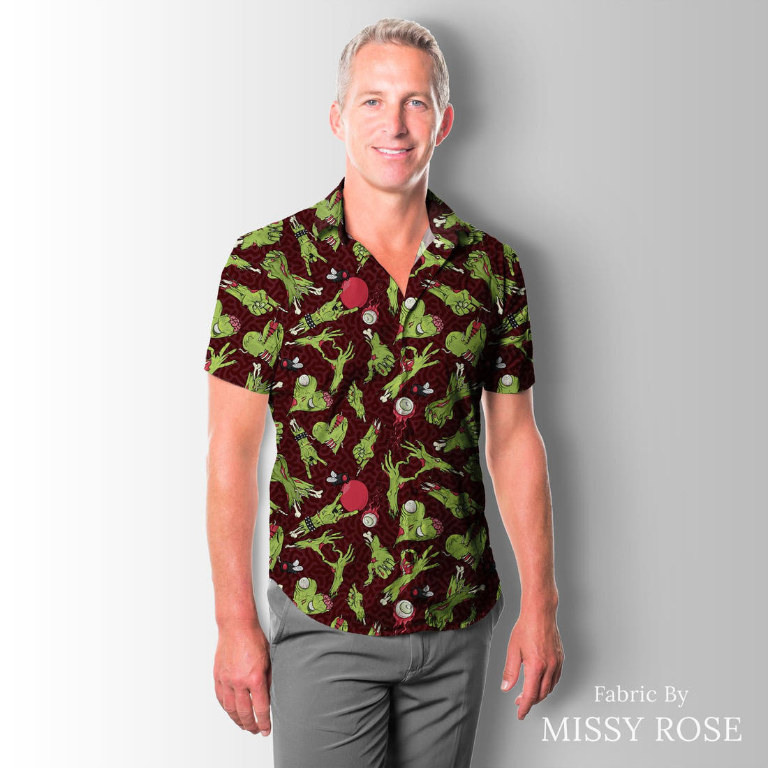Design 548 Red Zombie Fabric sewn into a men's shirt – see how the print looks made up | Fabric by Missy Rose