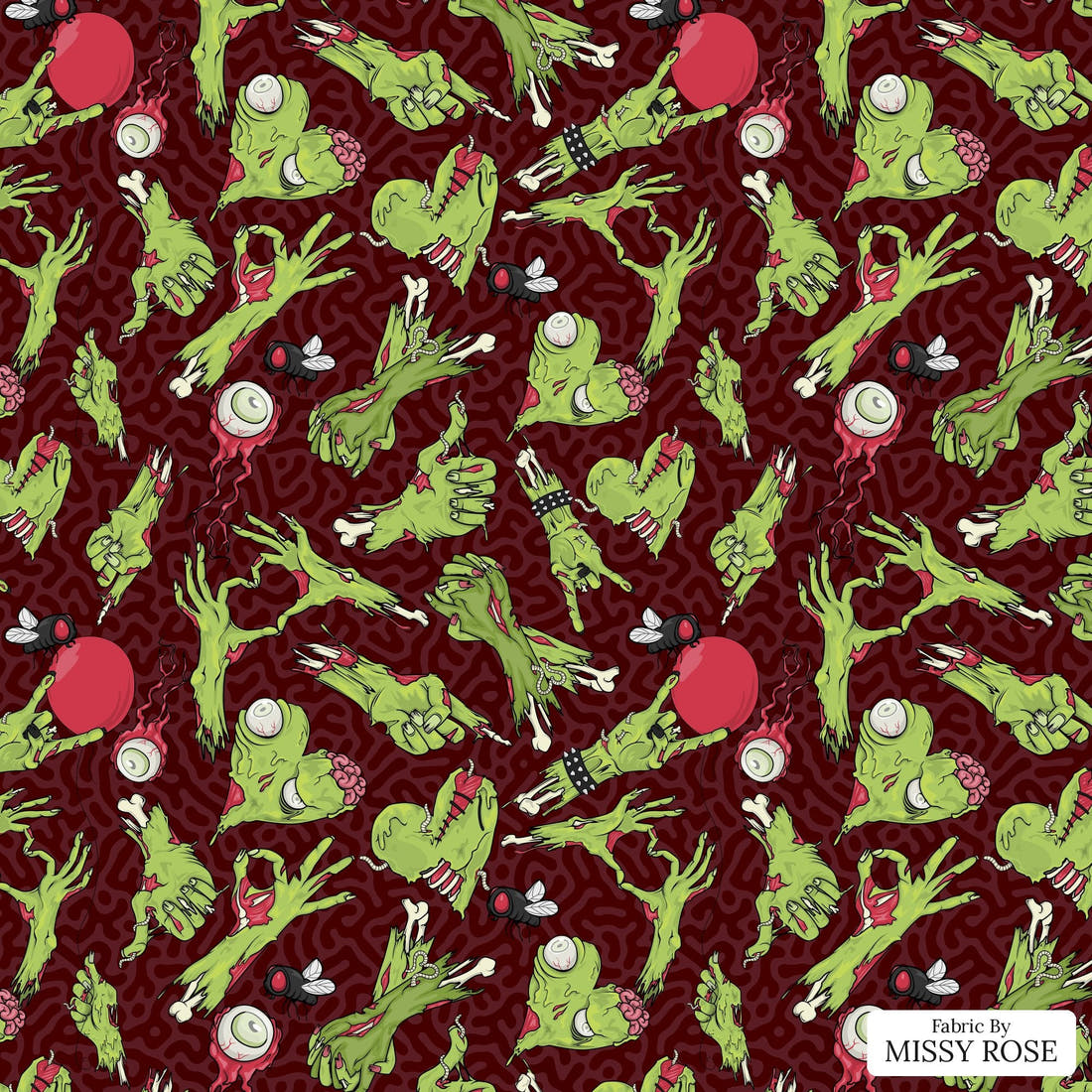 Design 548 Red Zombie Fabric - flat view of the print, zoom in for detail | Fabric by Missy Rose