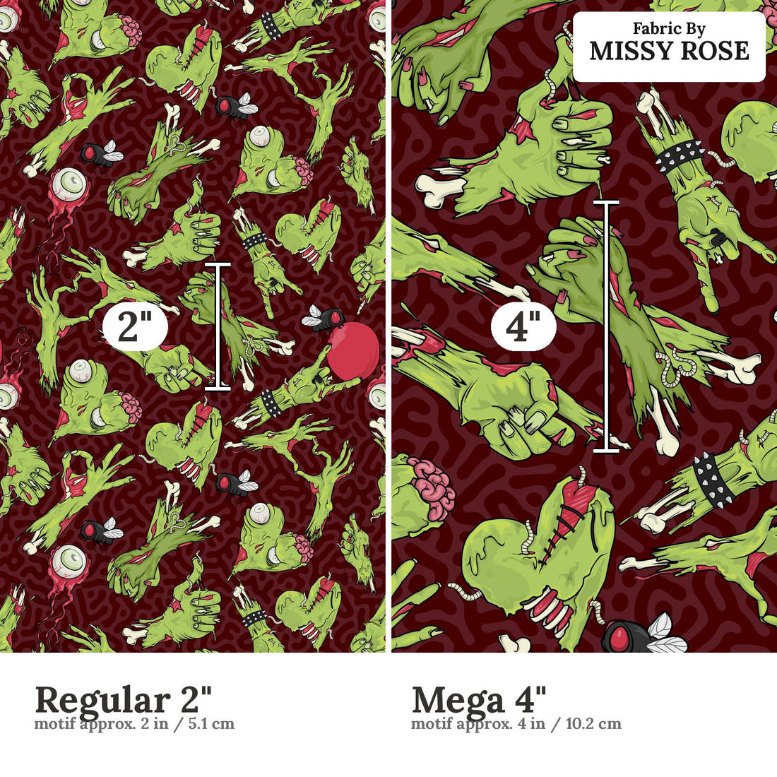 Design 548 Red Zombie Fabric size comparison - print scale | Fabric by Missy Rose