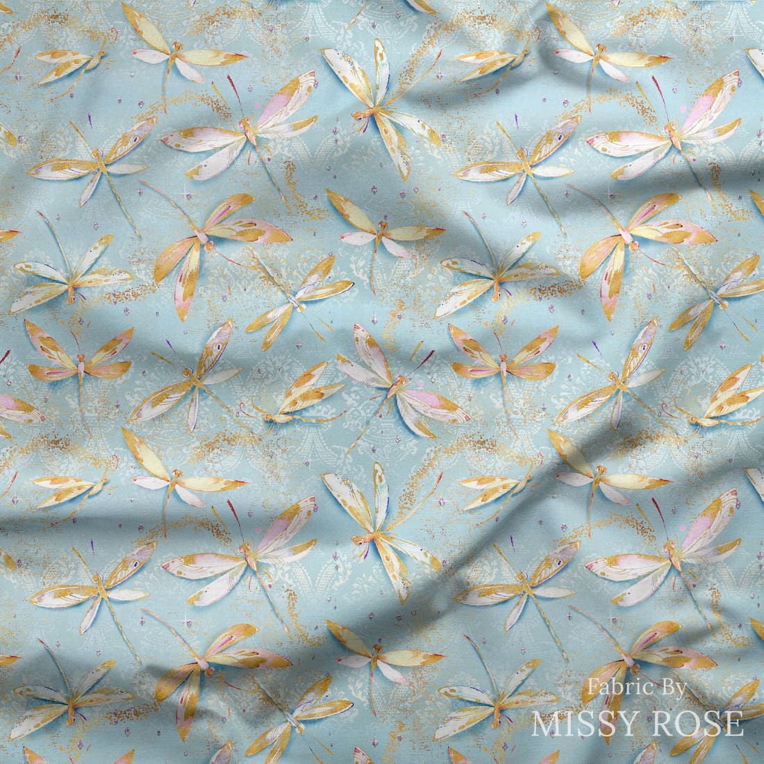 Design 549 Dragonfly Fabric draped fabric mockup – custom printed fabric by the metre | Fabric by Missy Rose