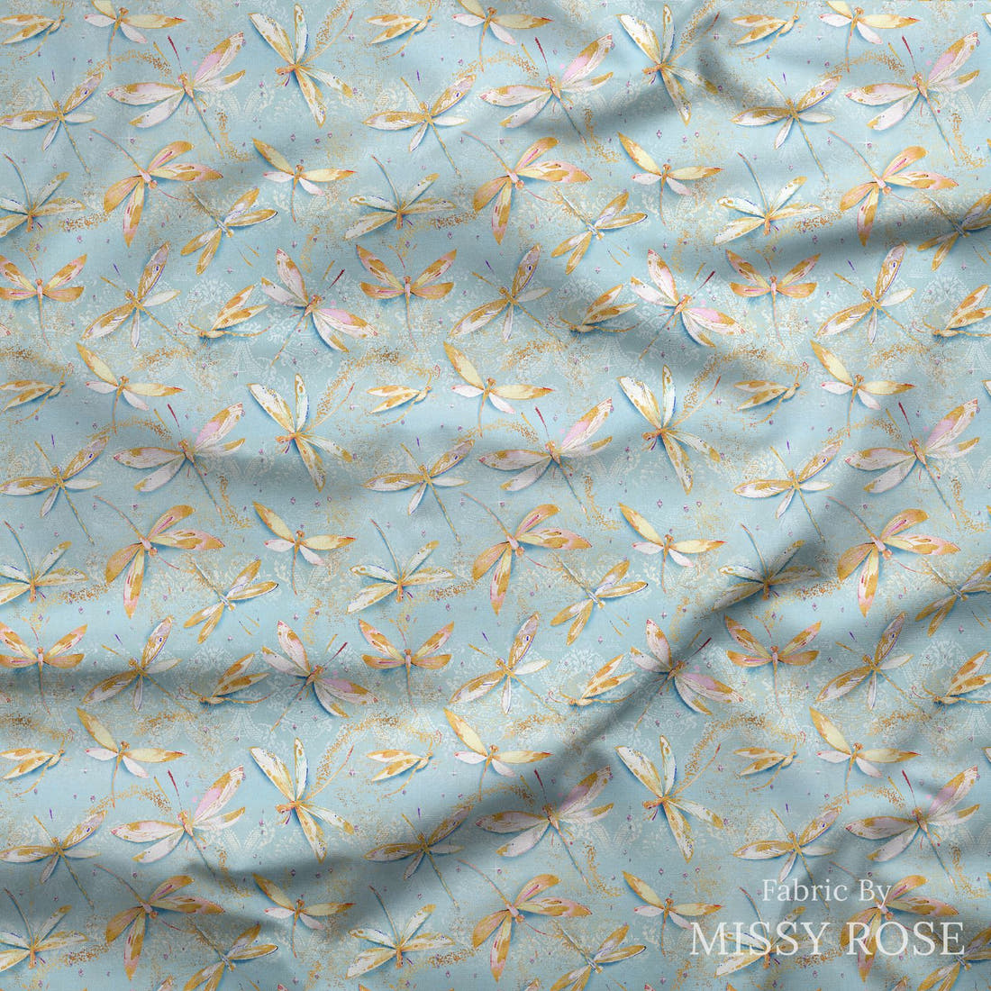 Design 549 Dragonfly Fabric draped fabric mockup – custom printed fabric by the metre | Fabric by Missy Rose