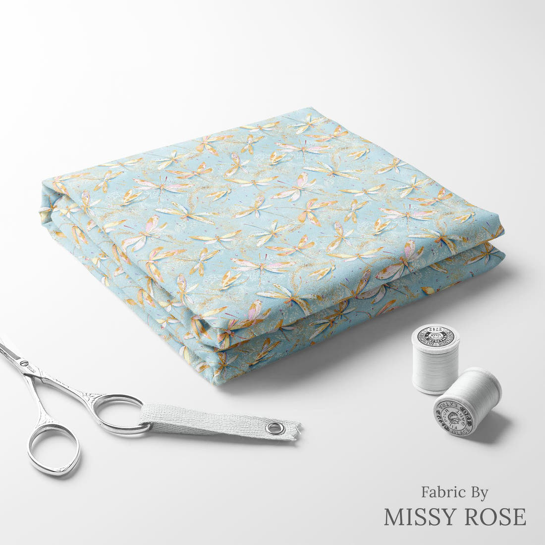Design 549 Dragonfly Fabric folded fabric stack with matching thread – pre-order fabric Australia | Fabric by Missy Rose