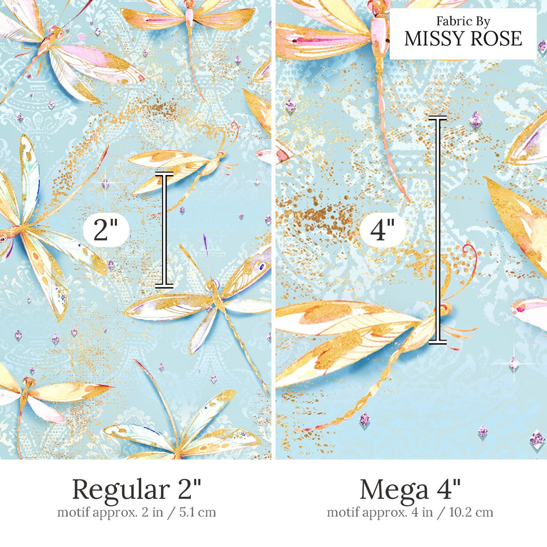 Design 549 Dragonfly Fabric Regular 2 inch vs Mega 4 inch print scale side by side | Fabric by Missy Rose