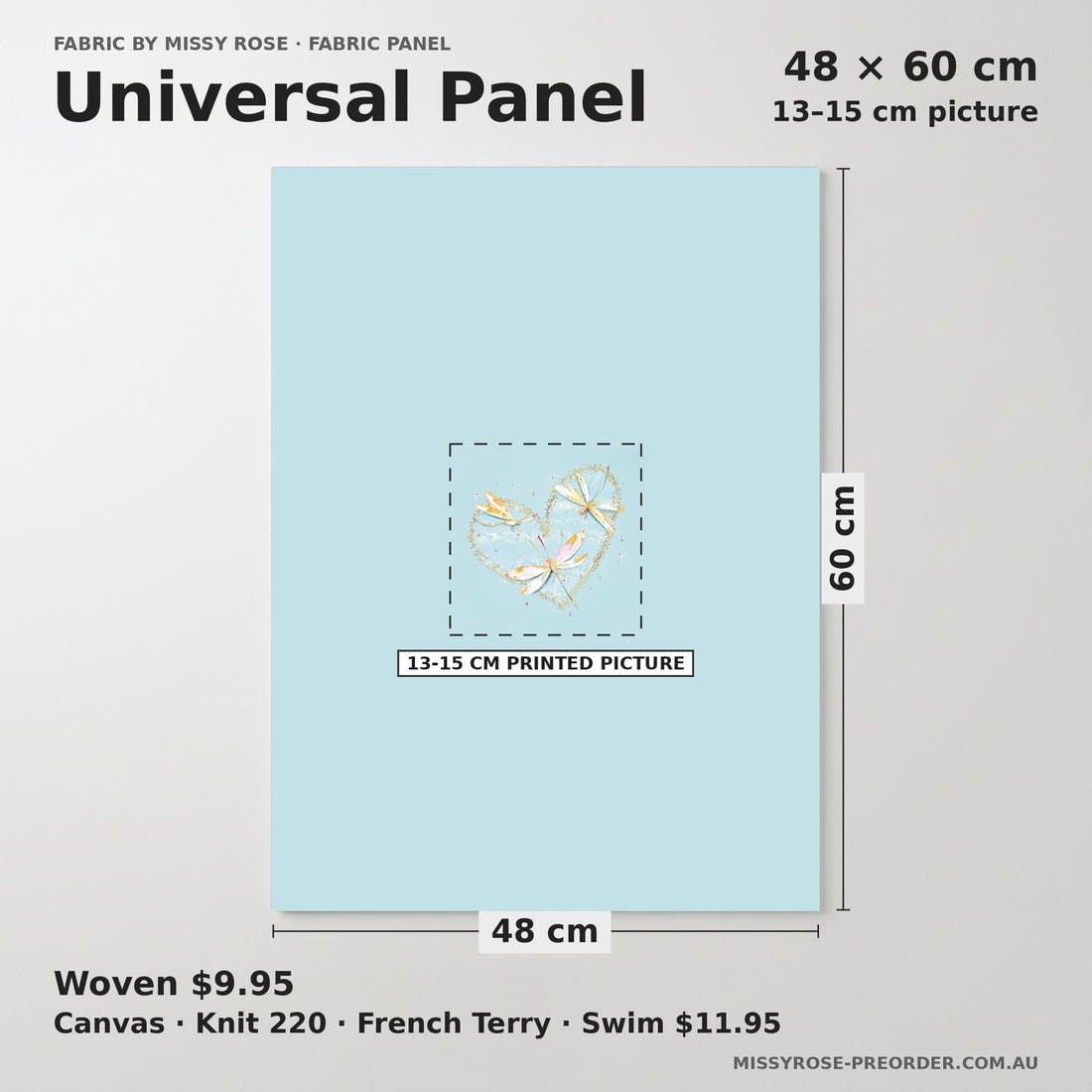 Design 549 Dragonfly Panel universal panel sizing – 13–15 cm printed picture on 48 × 60 cm fabric | Fabric by Missy Rose