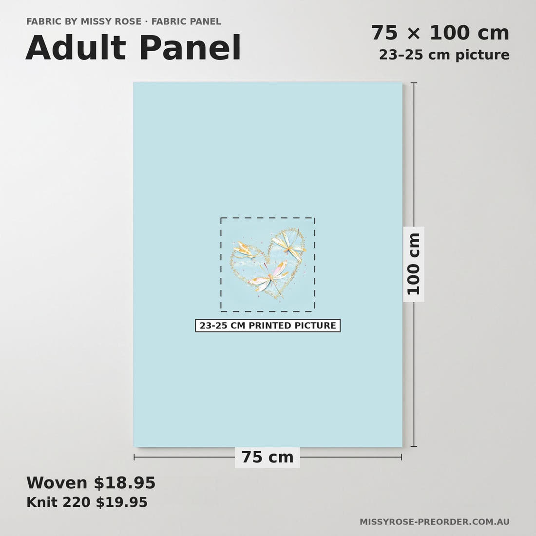 Design 549 Dragonfly Panel adult panel sizing – 23–25 cm printed picture on 75 × 100 cm fabric | Fabric by Missy Rose