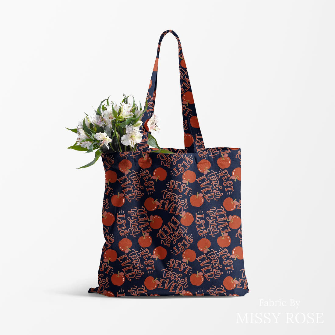 Design 55 Best Teacher Fabric made up as a tote bag – see how the print looks made up | Fabric by Missy Rose