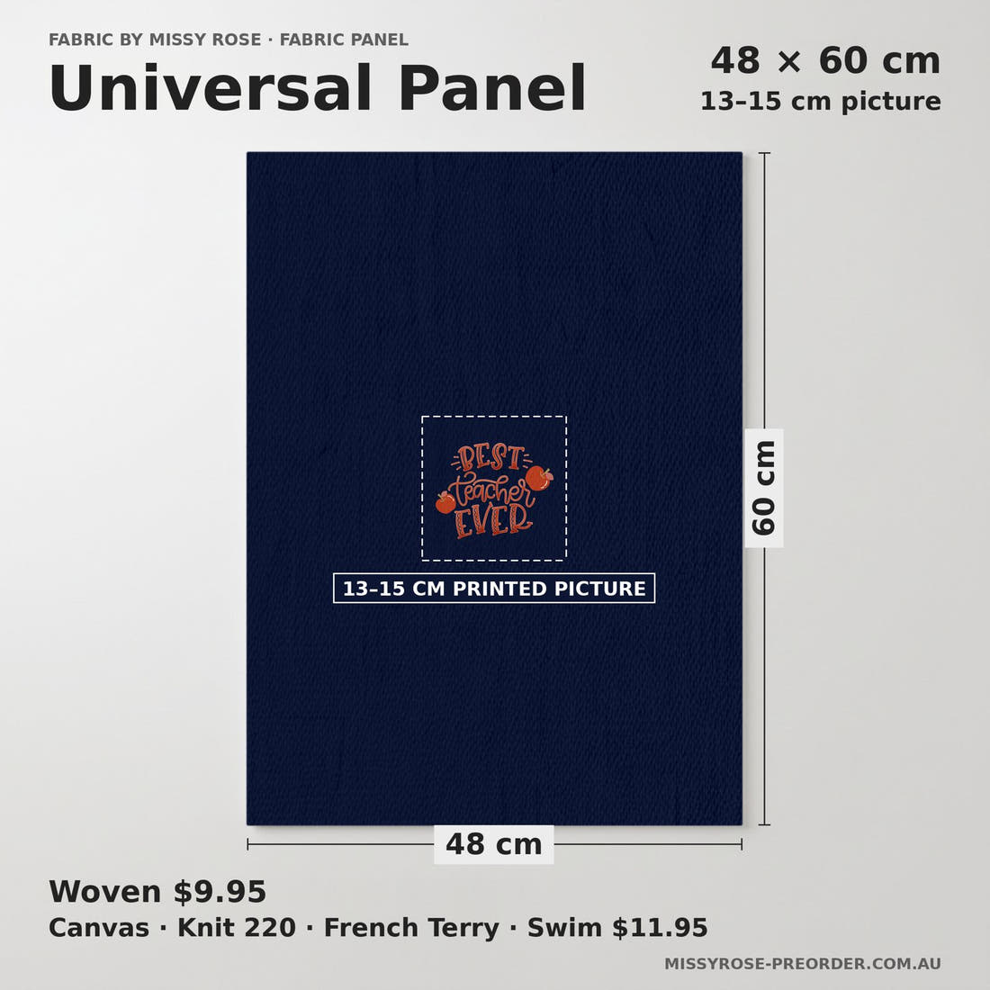 Design 55 Best Teacher Panel universal panel sizing – 13–15 cm printed picture on 48 × 60 cm fabric | Fabric by Missy Rose
