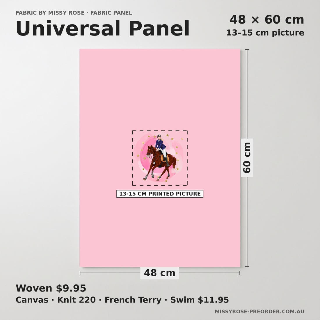 Design 550 Pink Horse Riding Panel universal panel sizing – 13–15 cm printed picture on 48 × 60 cm fabric | Fabric by Missy Rose