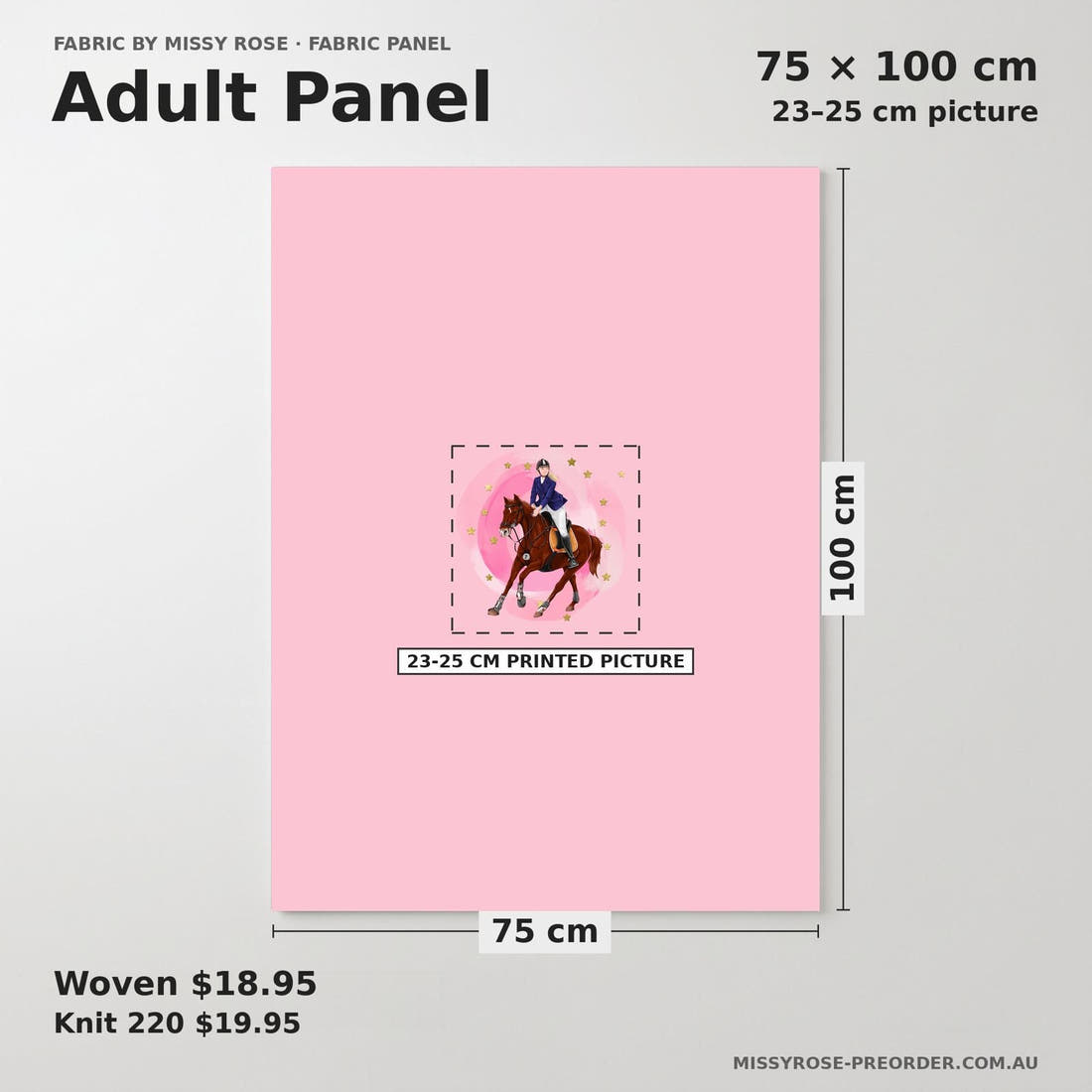 Design 550 Pink Horse Riding Panel adult panel sizing – 23–25 cm printed picture on 75 × 100 cm fabric | Fabric by Missy Rose