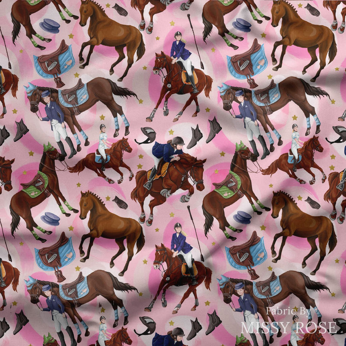 Design 550 Pink Horse Riding Fabric draped fabric mockup – custom printed fabric by the metre | Fabric by Missy Rose