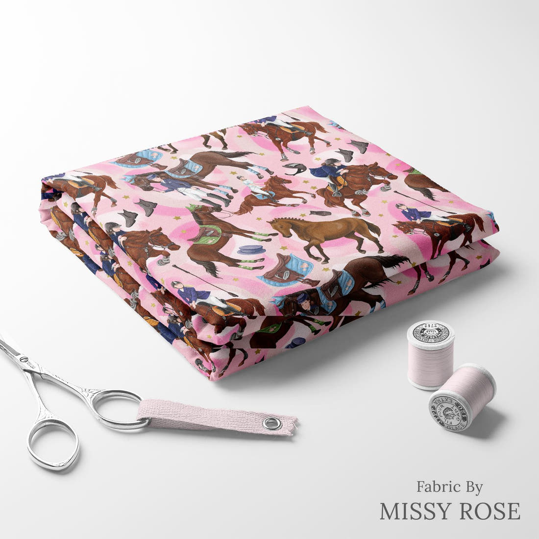 Design 550 Pink Horse Riding Fabric folded fabric stack with matching thread – pre-order fabric Australia | Fabric by Missy Rose