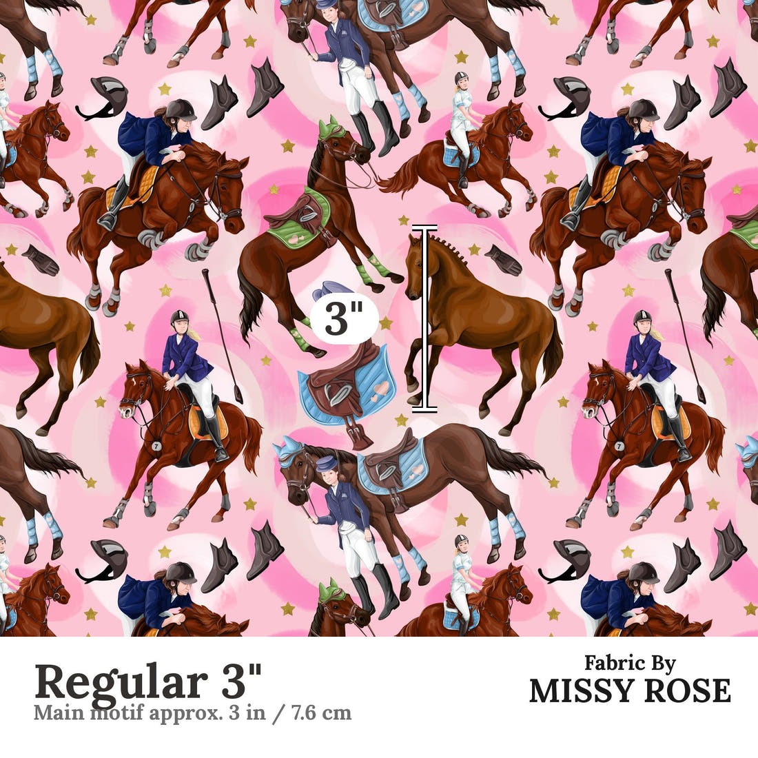 Design 550 Pink Horse Riding Fabric Regular 3" - print scale | Fabric by Missy Rose