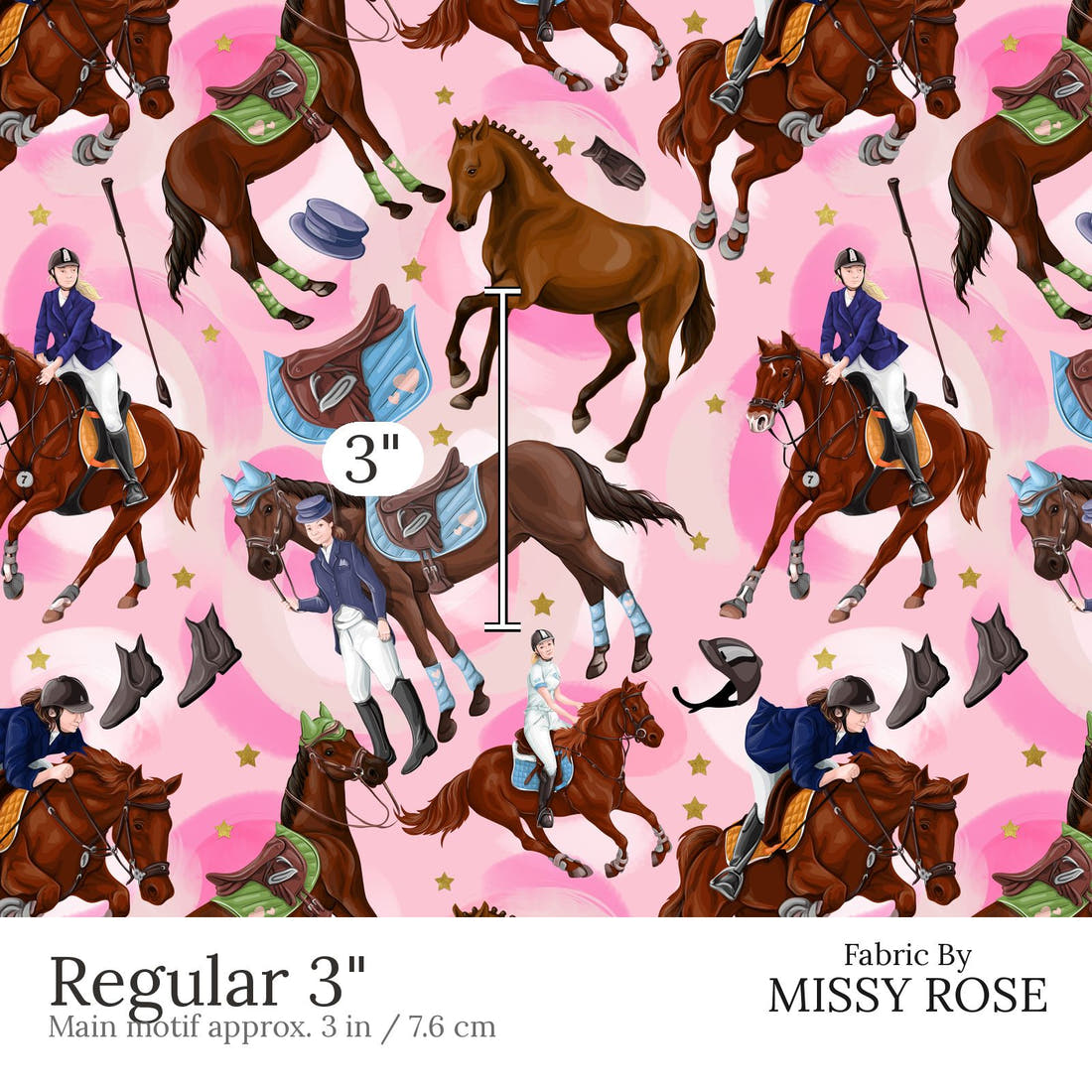 Design 550 Pink Horse Riding Fabric Regular 3 inch print scale guide | Fabric by Missy Rose