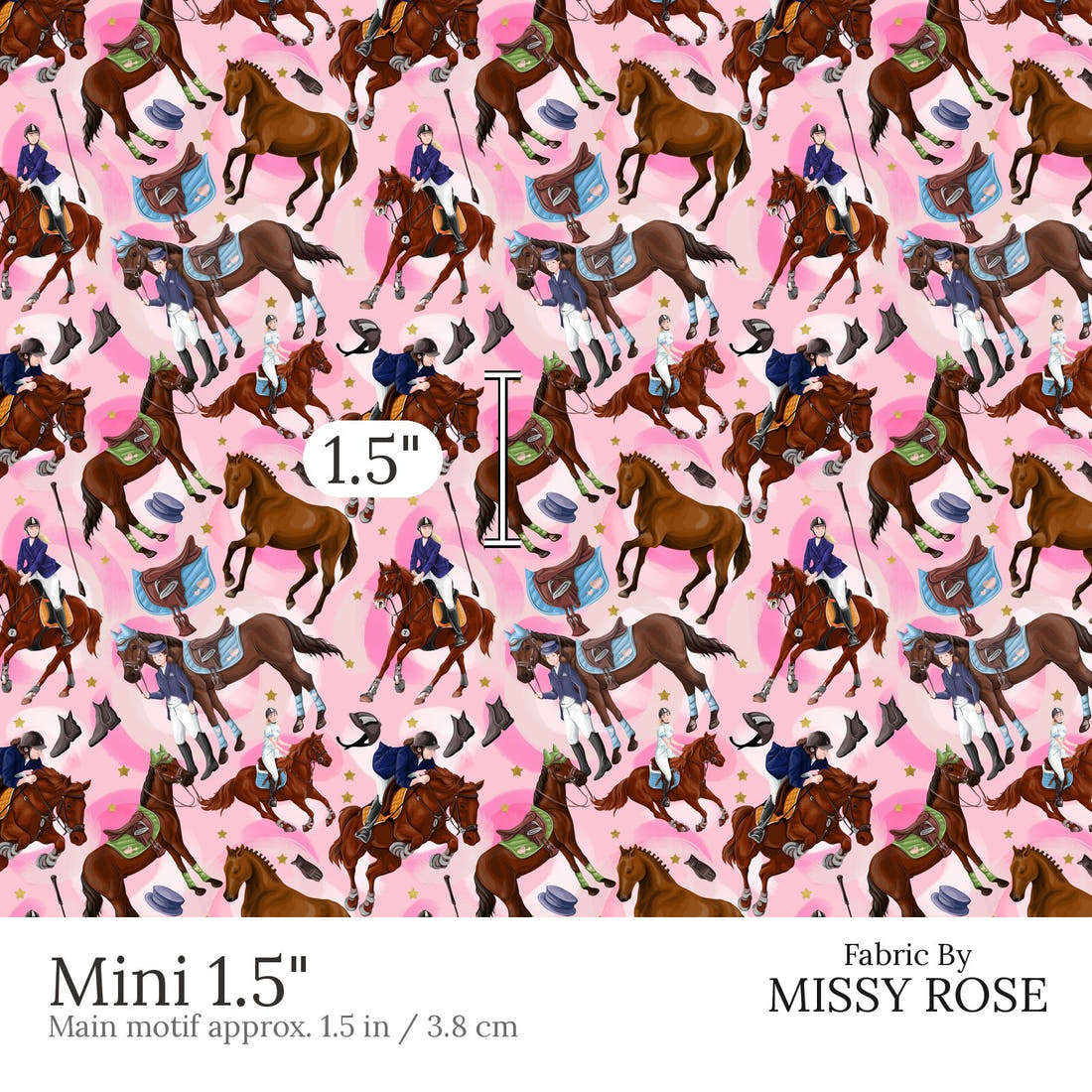 Design 550 Pink Horse Riding Fabric Mini 1.5 inch print scale guide | Fabric by Missy Rose