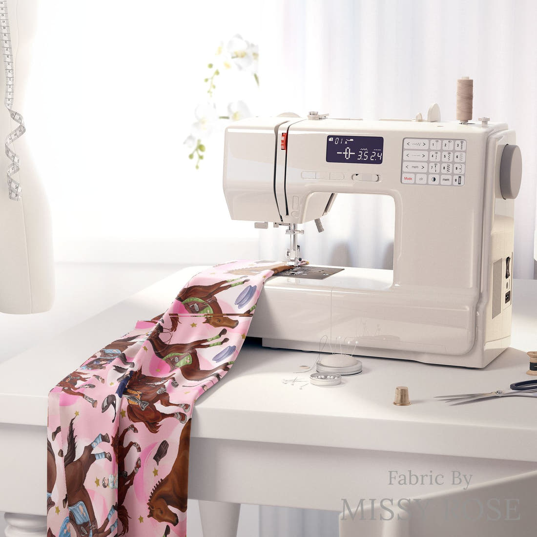 Design 550 Pink Horse Riding Fabric on a sewing machine – premium fabric for sewing projects | Fabric by Missy Rose