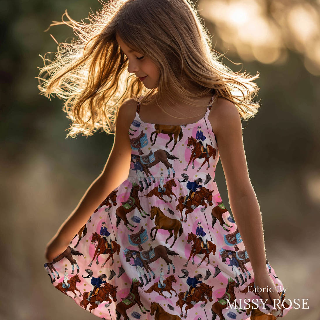 Design 550 Pink Horse Riding Fabric sewn into a girls' dress – see how the print looks made up | Fabric by Missy Rose