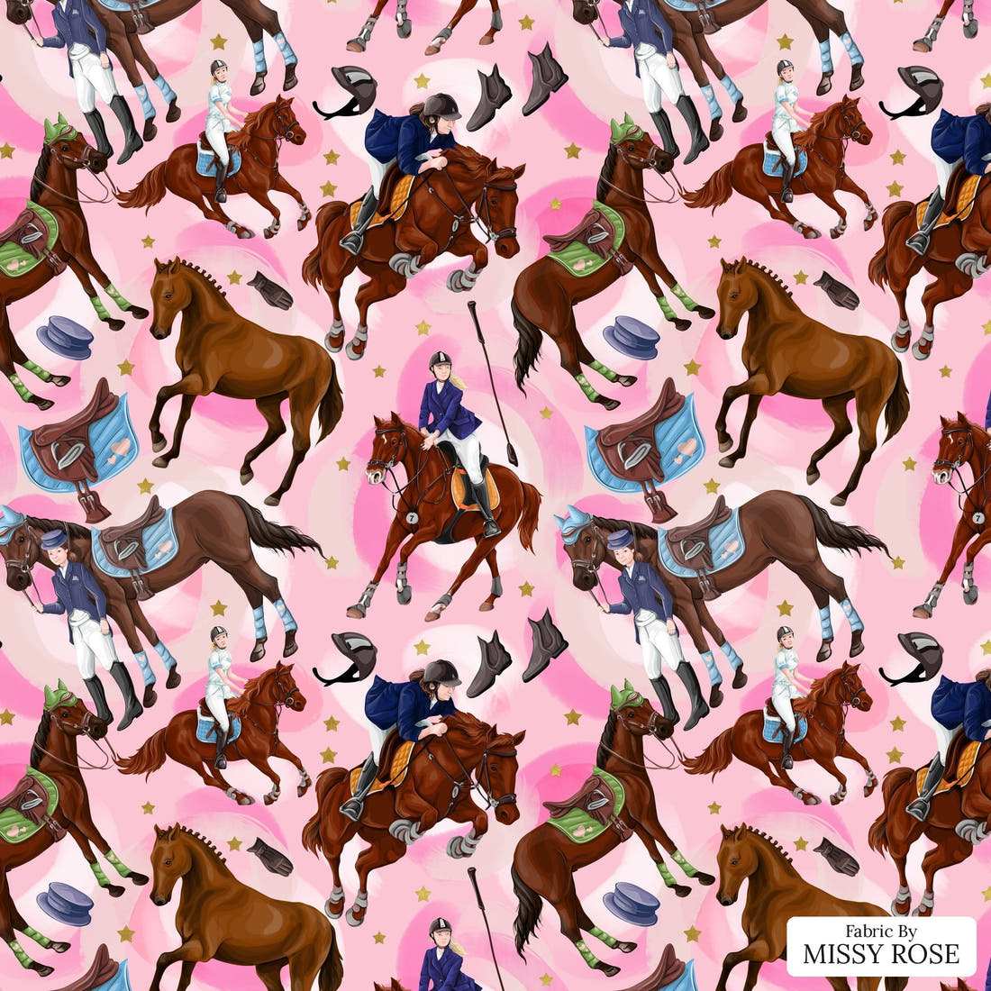 Design 550 Pink Horse Riding Fabric - flat view of the print, zoom in for detail | Fabric by Missy Rose