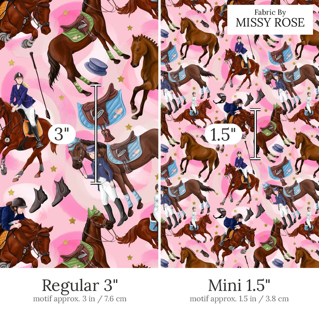 Design 550 Pink Horse Riding Fabric Regular 3 inch vs Mini 1.5 inch print scale side by side | Fabric by Missy Rose