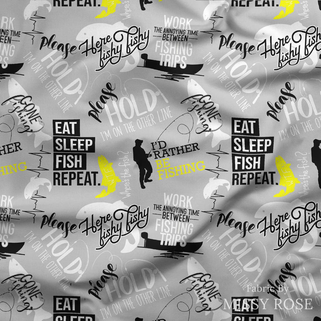 Design 551 Grey Fishing Fabric draped fabric mockup – custom printed fabric by the metre | Fabric by Missy Rose